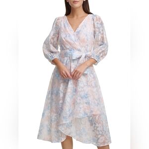 NWT DNKY Pink Blue Floral Poof Sleeves Wrap Midi Dress Women's Size 8